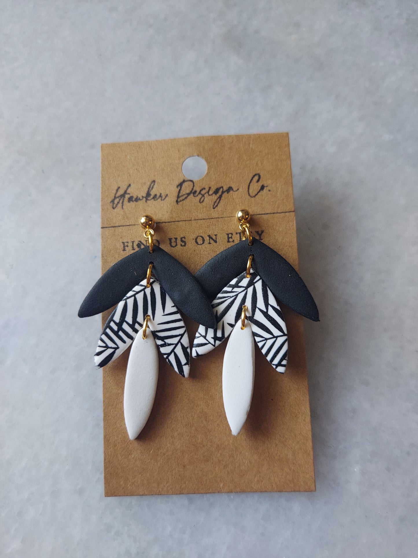 Black and white leaf print dangles